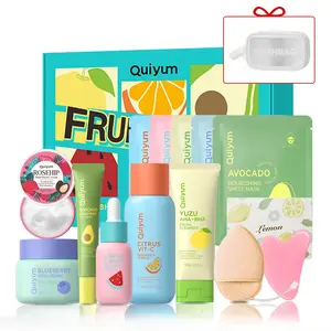 Quiyum Fruit Skincare Gift Box, Cleanser, Toner, Eye Cream, Serum, Moisturizer, Mask, Body Butter, Fowder puff, Scraping Pate, Card,Makeup Bag Included,Hydrating Soothing,Best Gift, Bodycare Set