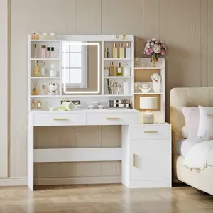 39.3 Inch LED Vanity Desk with HD Lighted Mirror, Makeup Dressing Table with Power Strip, 3 Drawers 9 Storage Shelves, Hidden Storage Behind Mirror Integrated Bedside Table White for Bedroom Home Decor