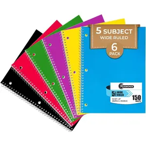 5 Subject Notebook Wide Ruled, 6 Pack, 300 Pages (150 Sheets), 8 x 10-1/2", 5 Subject Spiral Notebook with Dividers, Thick Paper Fights Ink Bleed, 3 Hole Punched, Spiral Notebooks for School