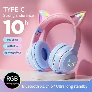 Gradient RGB Cat Ear    with Microphone  Music Gaming Earphones Perfect Gift for Girls and Children Over-Ear Foldable gaming  headset   HiFi Bluetooth  Cat-Ear Wireless Stereo Headphones
