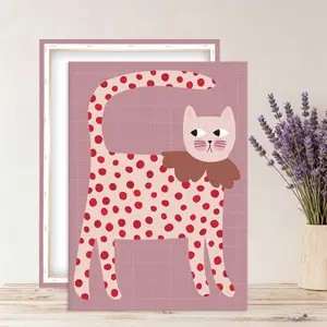 Red polka dot cat canvas art, wooden frame wall decoration, suitable for living room, bedroom, children's room, colorful wall decoration, home décor.