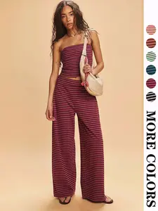 2026 Summer New Women's Casual Set Sexy Striped Tube Top Elastic Waist Long Pants Two-Piece Outfit Fashionable Sleeveless T-Shirt Wide Leg Homewear