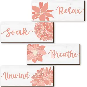 4-Piece Wooden Bathroom Wall Decor Signs in, Coral Accessories for Relaxing Spa Atmosphere, Rustic Farmhouse Wall Art for Bedroom, Home Decoration