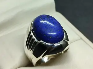 Natural Cabochon 16 Carat Blue Lapis Lazuli Sterling Silver 925 Handmade Men's Plain Ring