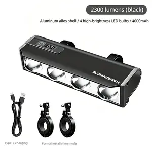 All-Aluminum Alloy Digital-Display Bicycle Light — 4 High-Power LEDs, Ultra-High Brightness, Exceptional Durability, 4 Lighting Modes, 4000mAh USB Rechargeable Battery. Tactical Gear.Cycling Accessories，Night Riding Gear，Bike Essentials