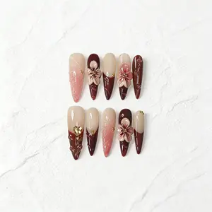 Autumn Wine Red 3D Flower Press Ons | Gold Star Accent Stiletto Nails