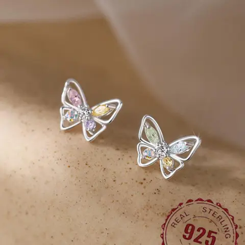 925 Sterling Silver Fashion Pretty Colorful Butterfly Design Stud Earrings, Sweet and Cute Jewelry Accessories for Women, Trendy All-match & Exquisite Jewelry for Birthday Gift Pretty Studs