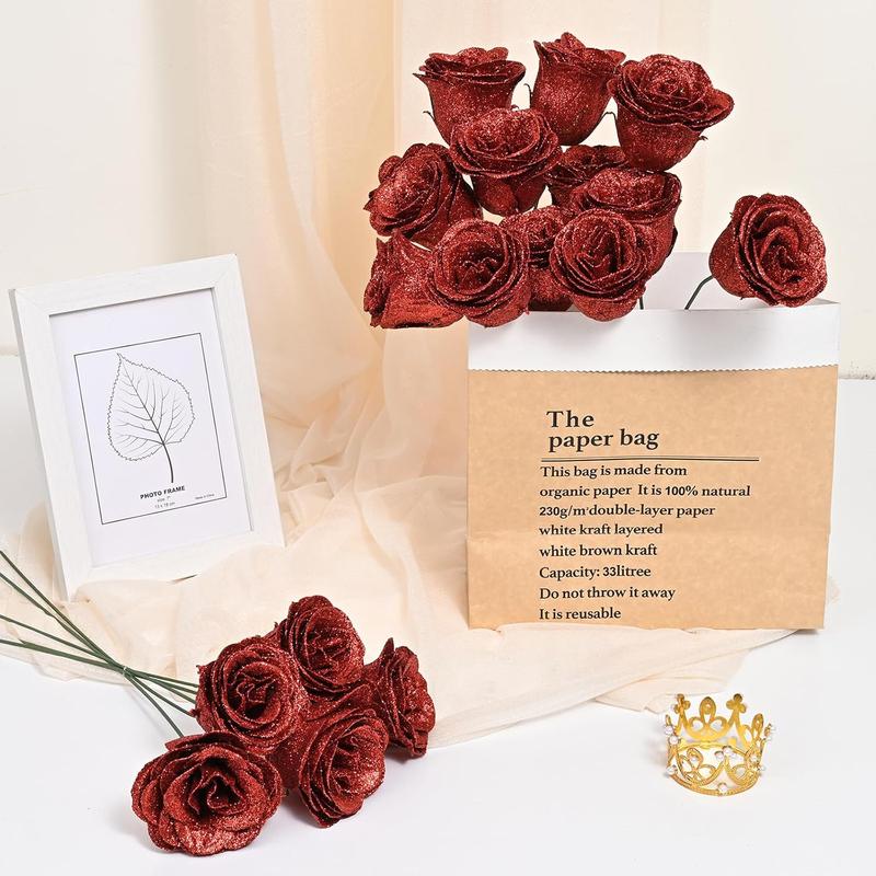 Glitter Roses Bouquet - 24 Artificial Red Roses with Glitter Finish for Mothers Day Gifts, Anniversaries, Engagements & Weddings