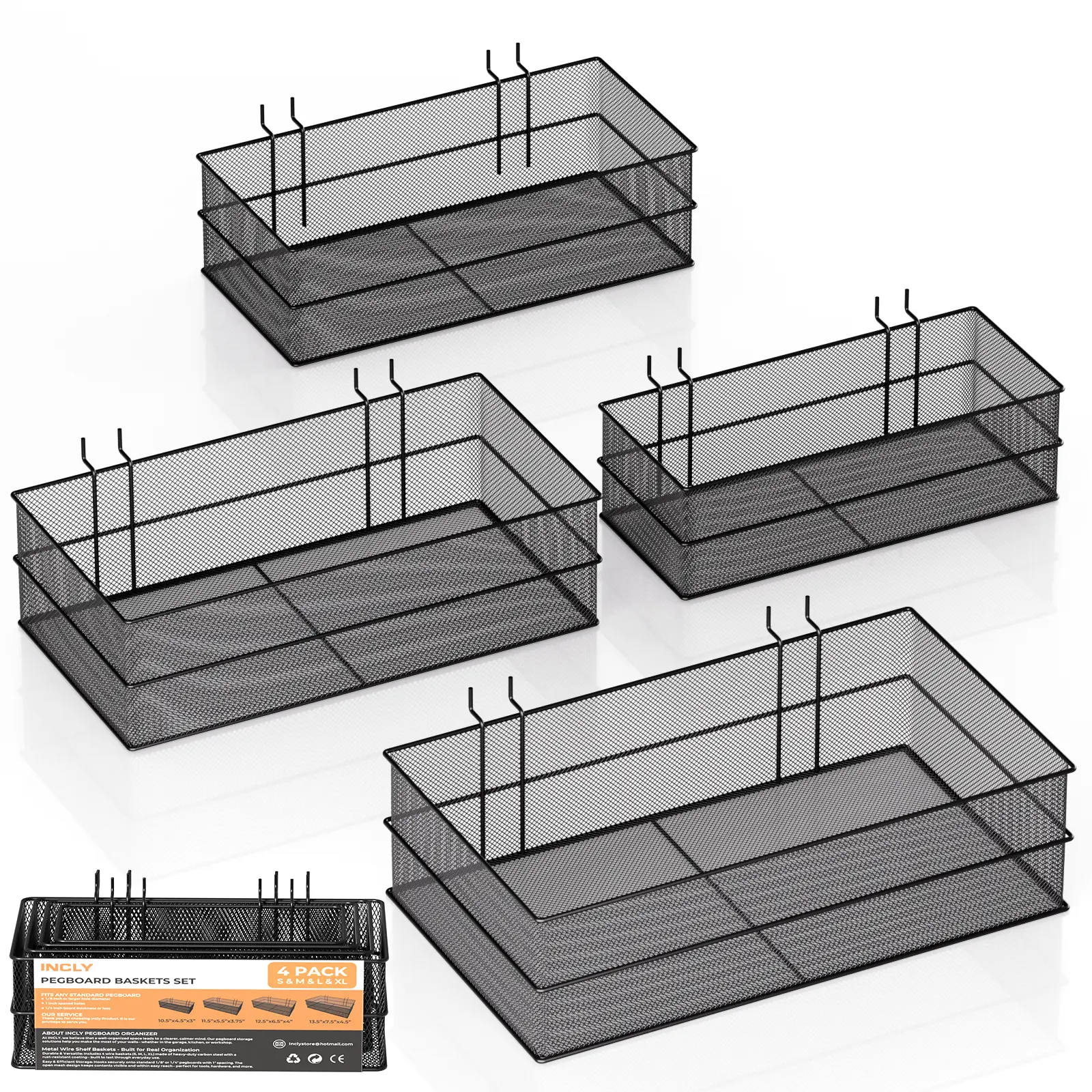 INCLY 4 Pack Upgrade Pegboard Baskets, 4 Sizes Square Metal Mesh Basket Peg Board Organizer Accessories, For Garage Craft Room Office Kitchen, Pegboard Baskets and Bins