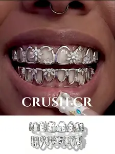 CRUSH CR Hip Hop Sunflower Hollow Grillz Set, Gold/Silver Plated CZ Teeth Cap, Bold Statement Dental Jewelry for Rappers, Concerts, Studio Sessions and Urban Streetwear Fits