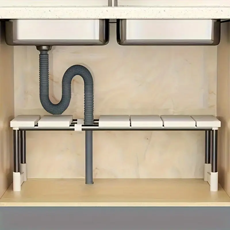 Space Saving Under Sink Kitchen Shelf for Pipe Friendly Storage Organization Design Space Saving Under Sink Kitchen Shelf for Pipe Friendly Storage Organization Design