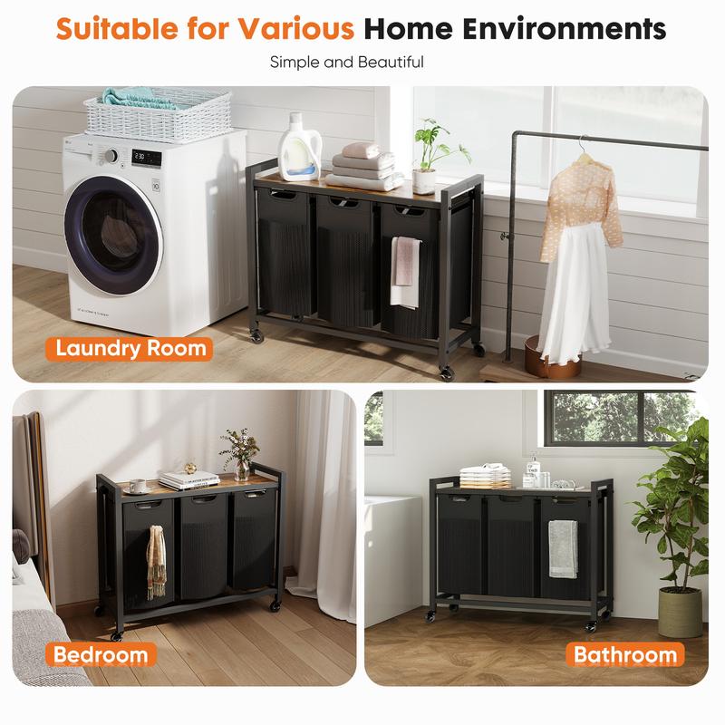 Laundry Hamper, Laundry Sorter with Shelf, Clothes Basket Organizer with 2 Pull-Out and Removable Bags, Movable Wheels for Laundry Room Bathroom Bedroom, Metal Frame, Black