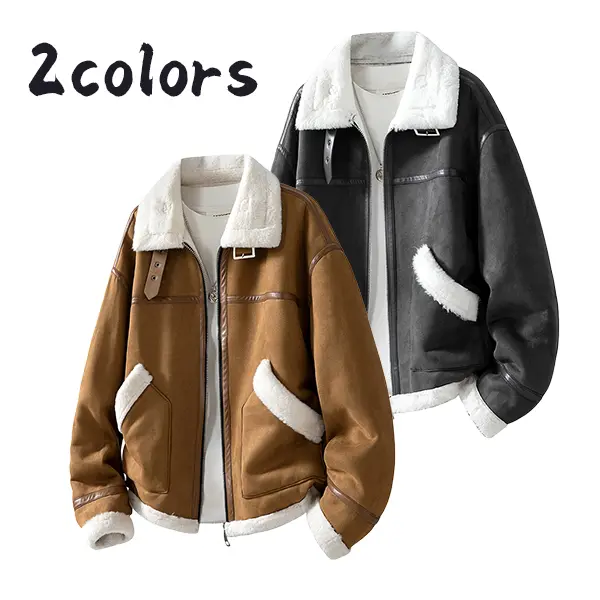 Men’s suede composite lambskin biker jacket with turn-down collar, thick winter outerwear with integrated faux fur for warmth, workwear style