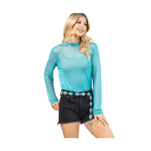 Women's Turquoise Mesh Top Regular Size - Long Sleeve Sheer Blouse for Casual Wear