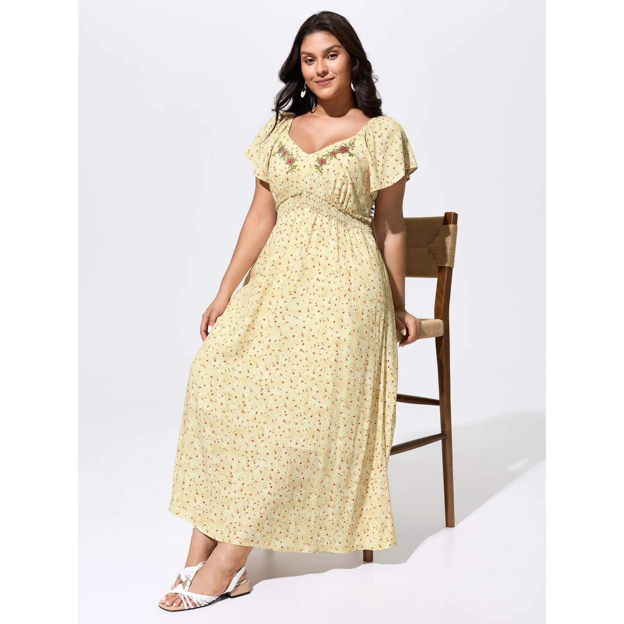 BloomChic Women's Plus Size Polyester Casual Bohemian Dress - Sweetheart Neckline, Ruffled Short Sleeves, Side Pocket, Floral Embroidery, Light Smooth Rayon Blend Fabric, Pull-On, Fit Design, Machine Washable, Cool Iron, No Tumble Dry, Plus Size Dresses,