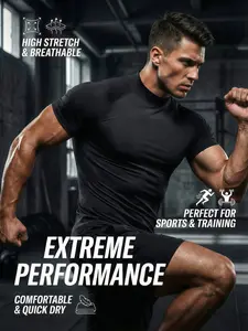 1-Pack  Men's Mock Neck Compression  Workout T-Shirt, Quick Dry Breathable & High Stretch Gym Shirt, compression tops, compression shirts, Muscle Fit Athletic Top for Training, Fitness, Sports, Running