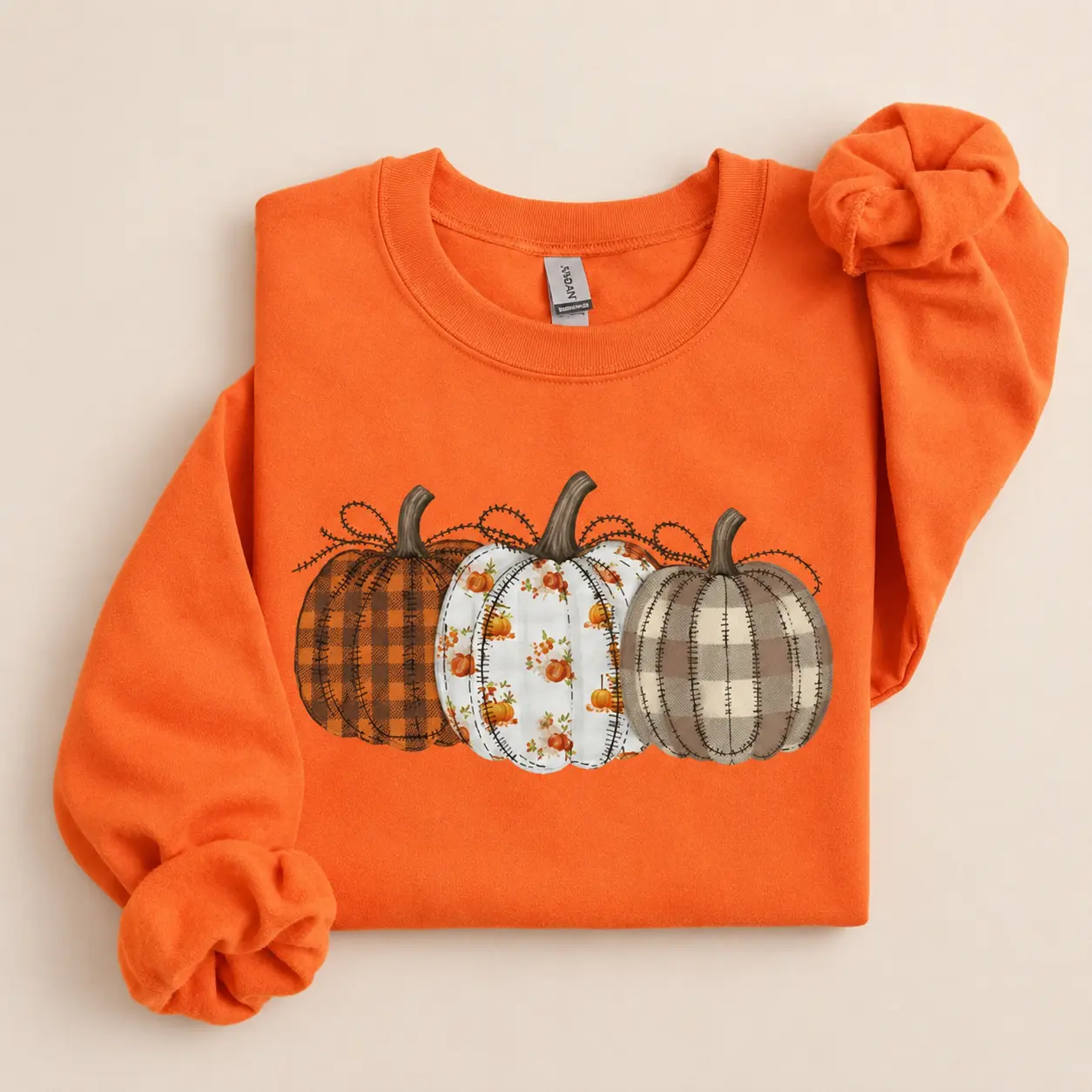 Trio Patchwork Pumpkin Graphic Sweatshirt, Cute Stitched Plaid Autumn Fall T-Shirt, Thanksgiving Day Women Gift Apparel - THOAPRINTY