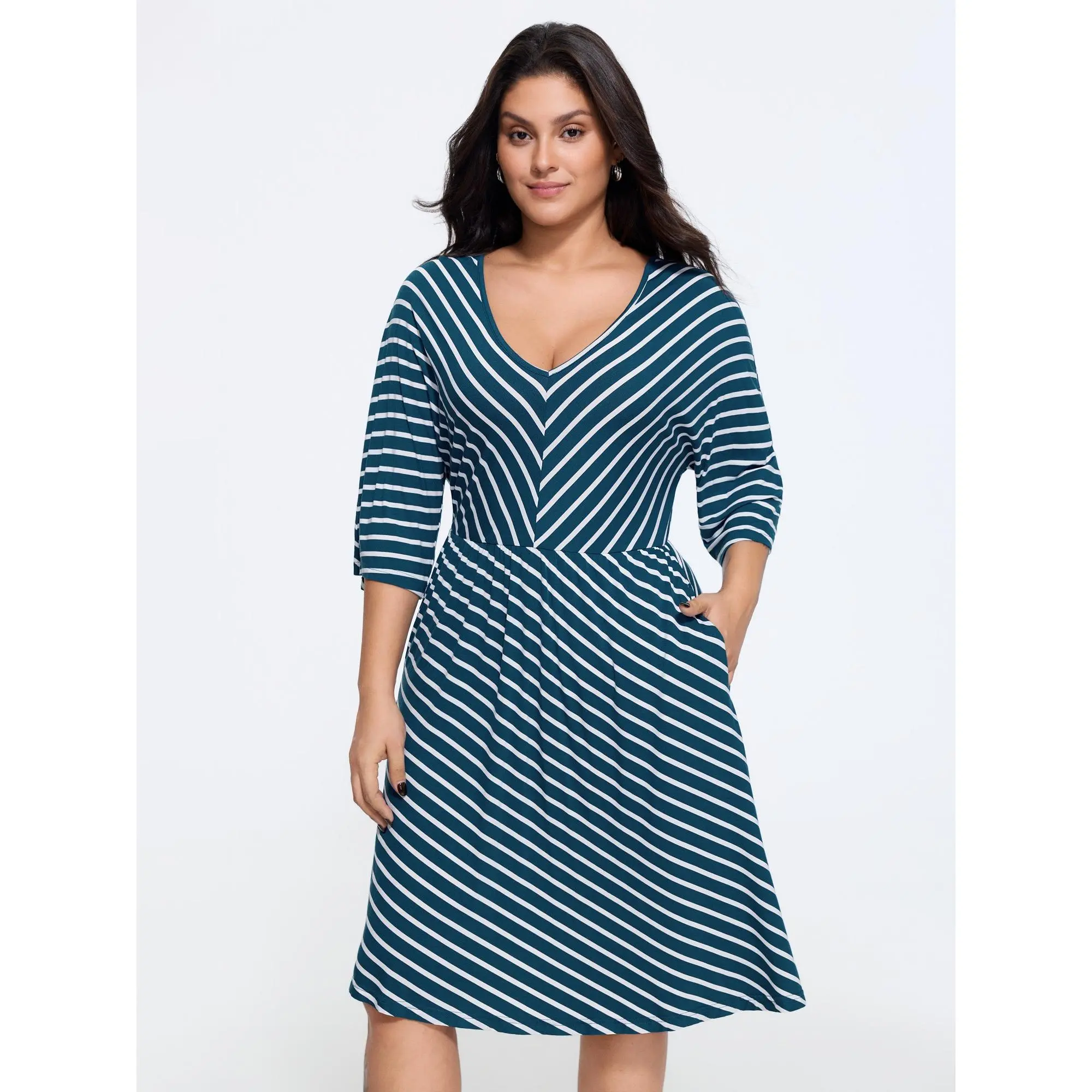 BLOOMCHIC Plus Size Stretchy Stripe Print V Neck Pocket Midi Dress[M-6X] 2026 Summerfinds