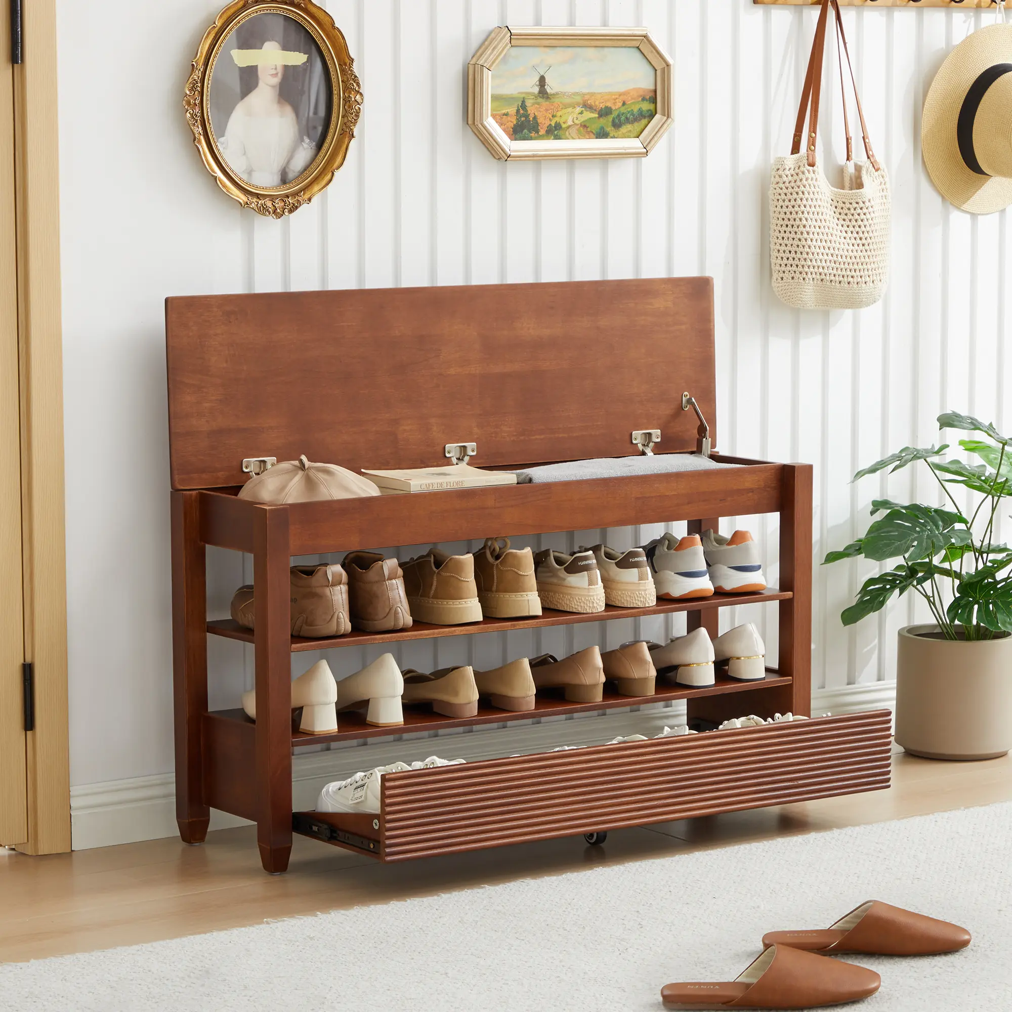 Giratree 100% Solid Wood Shoe Bench, 42.5" Entryway Shoe Rack Organizer with Hidden Flip-Top Compartment & Fluted Drawer with Wheels, 3-Tier Shoe Storage Cabinet for Entryway, Hallway