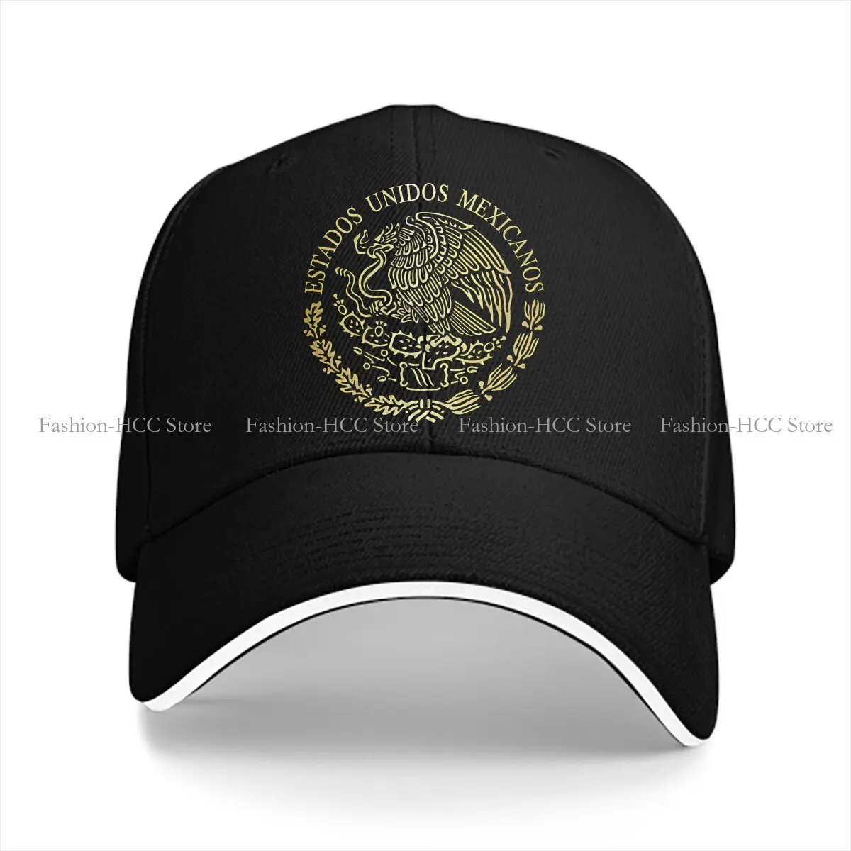 Black Embroidered Snapback Cap with Golden Mexican Shield - Unisex Flat Brim Baseball Hat for Sports & Sun Protection, Flat Brimmed Cap, Shield Emblem, Hats, Clothes, Uv Prevention Sun Protection, National Emblem Hats