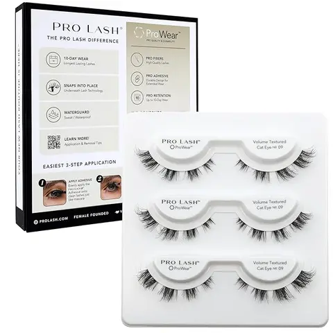 Pro Lash No. 09 ProWear/SoftWear Lash Clusters Kit - Boxed Cosmetic False Eyelashes Bundle with Adhesives & Accessories, Lightweight Dramatic Waterproof Volume Textured Cat Eye, Easy-to-Apply, 10-Day Wear, 3 Sets Black Eyelash Extensions