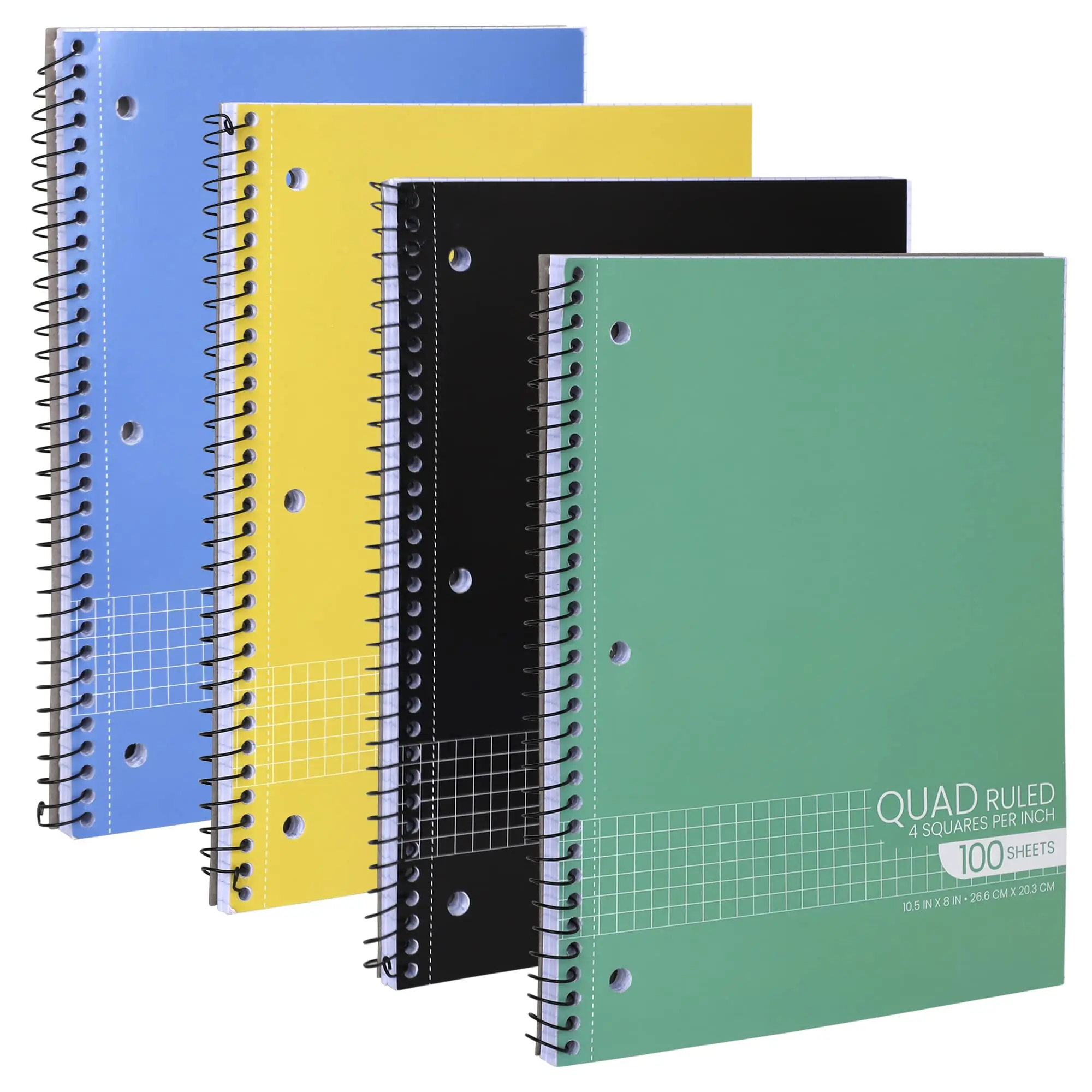 Graph Paper Spiral Notebook, Quad Ruled Grid Notebooks, Perforated Pages - 10.5 X 8 Inches - Assorted Colors - 100 Sheets per Book