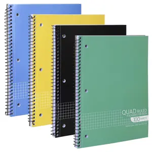 Graph Paper Spiral Notebook, Quad Ruled Grid Notebooks, Perforated Pages - 10.5 X 8 Inches - Assorted Colors - 100 Sheets per Book