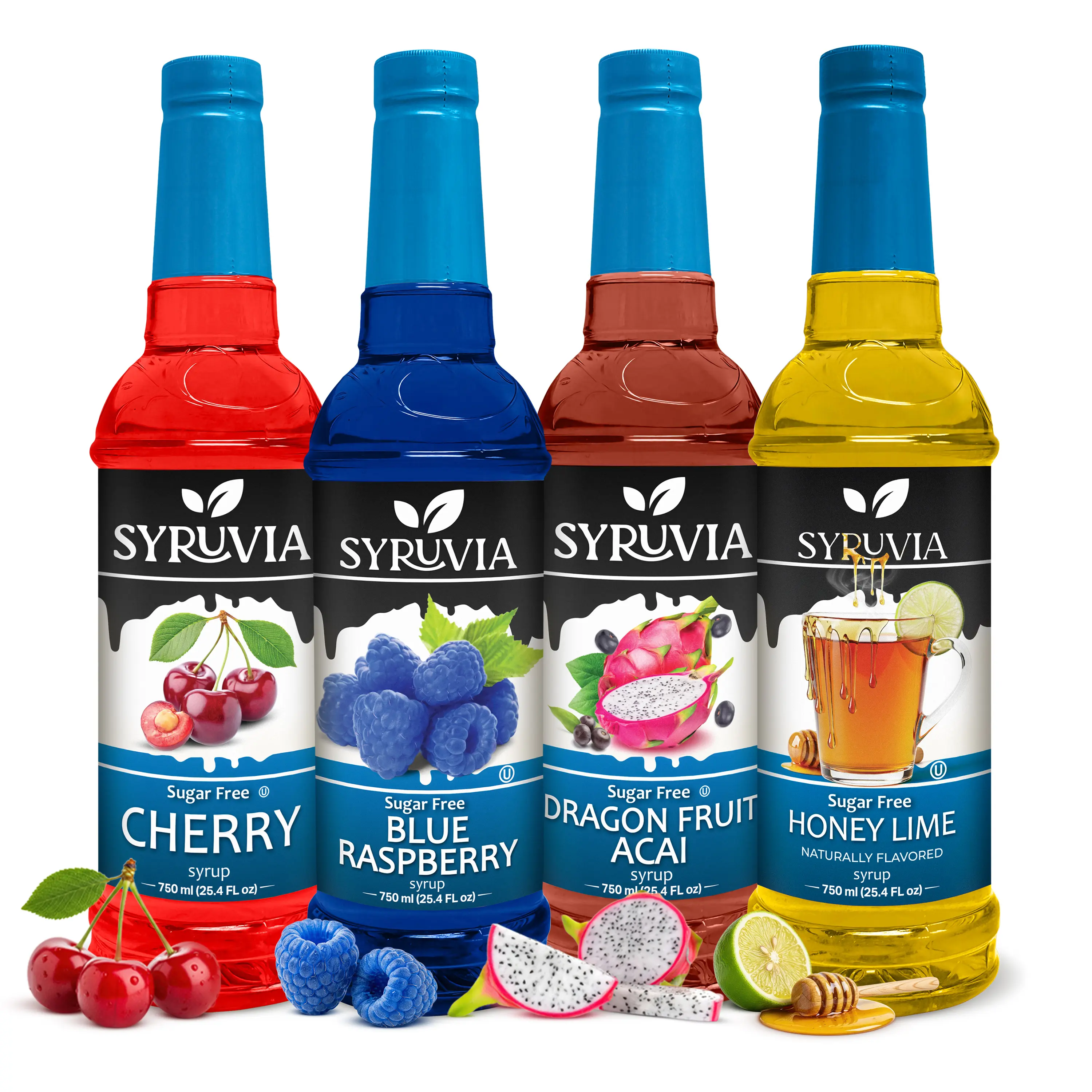 Syruvia Sugar Free Fruity Syrups Variety Pack – Dragon Fruit, Honey Lime, Cherry & Blue Raspberry – Gluten-Free, Kosher, 25.4 fl oz Bottles – Perfect for Iced Tea, Desserts & More (4-Pack)