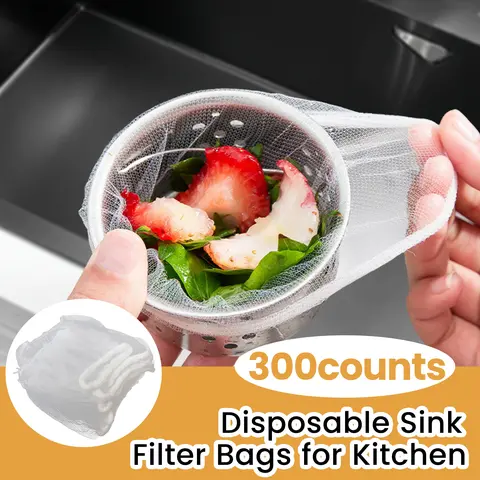 300 Counts Sink Drain Filters - Disposable Fine Mesh Bags for Food Waste Fits, prevents sink drain from clogging with effective debris capture