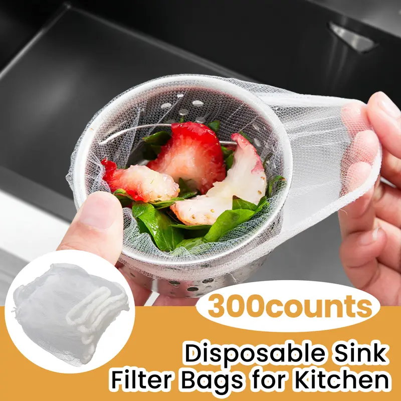 300 Counts Sink Drain Filters - Disposable Fine Mesh Bags for Food Waste Fits, prevents sink drain from clogging with effective debris capture