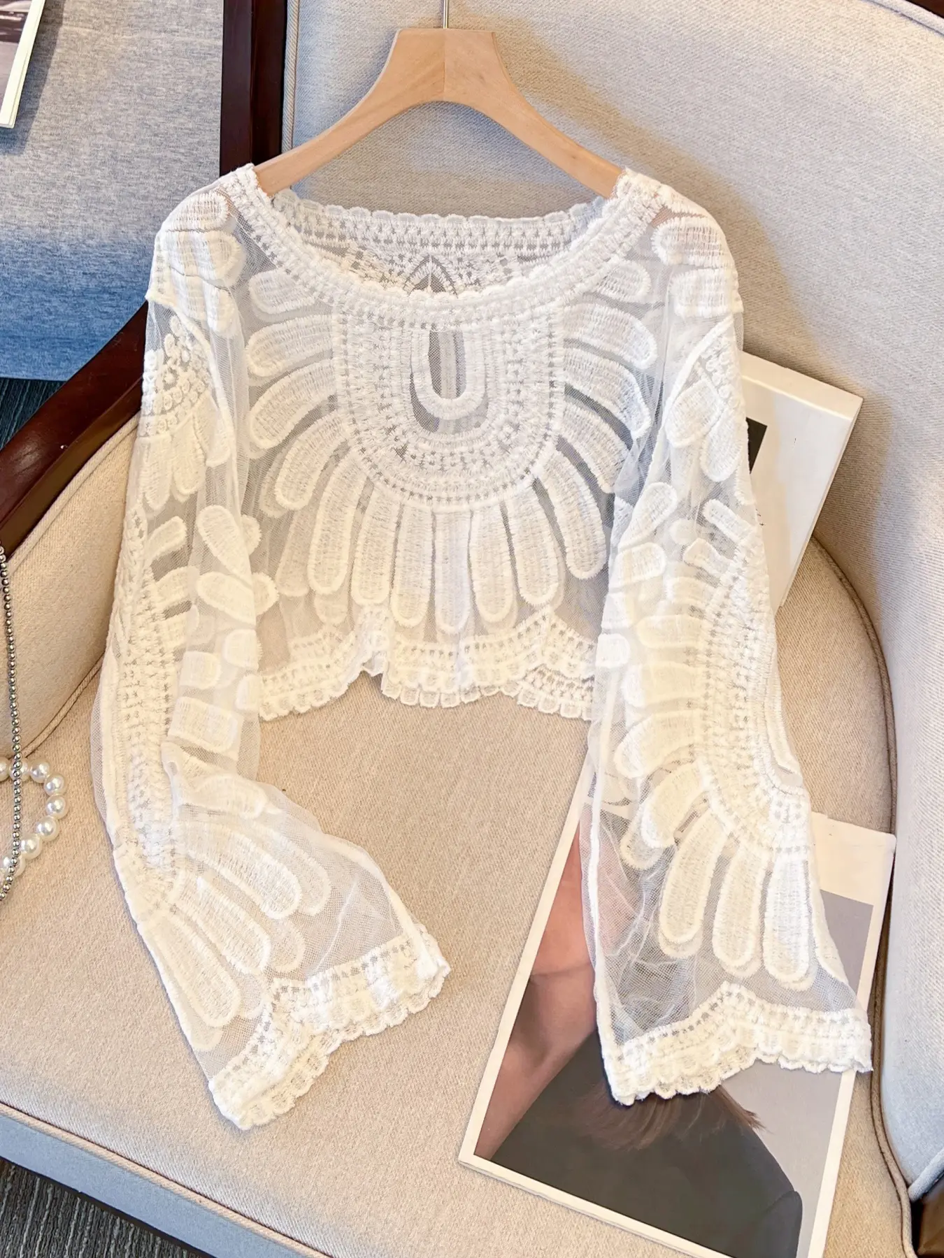 Boho Women's Beach Cover Ups, Swimsuit Cover Up, Mesh Embroidered Hollow Out Thin Sun Protection Sweater Casual Round Neck Pullover Knitwear Swimwear Cover Up, Lightweight Cover Up, Beachwear Cover Up, Swimwear Coverups