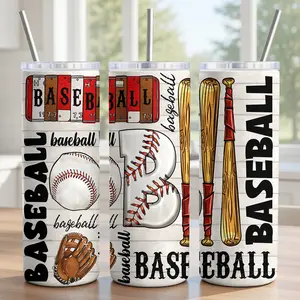 Vintage Baseball Collage Tumbler 20oz - 18/8 Food-Grade Stainless Steel Insulated Cup with Sliding Lid, Metal Straw & Brush - Retro Hand-Drawn Sports Pattern, Gameday Gear for Fans & Coaches - Ships in 2 Days