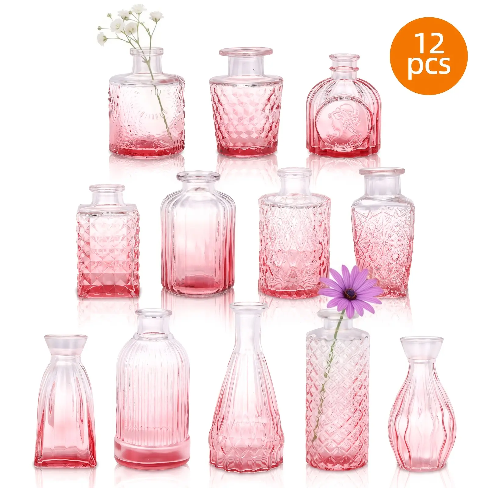 12/36pcs Pink Glass Bud Vase | Vintage Carved Glass Teardrop Vases for Wedding Decoration, Home Table Flower Arrangements, Bridal Shower & Party Favors