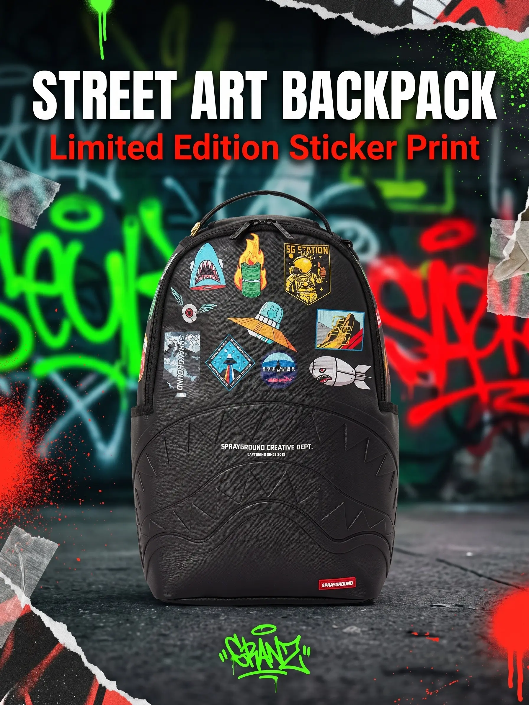 SG Space Sticker Print Shark-Mouth PU Backpack, Streetwear Urban Hip-Hop Gym Bag, Spacious Durable Daypack for Men/Women, School & Travel Use