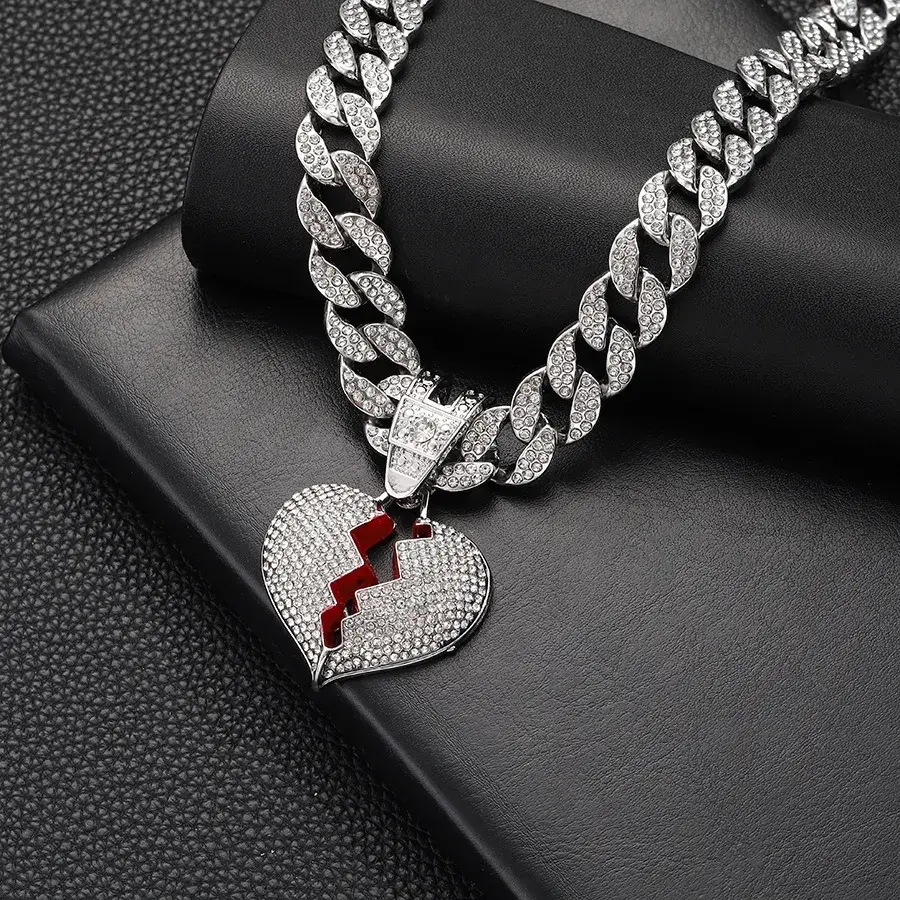 Diamond-Studded Cuban Chain Necklace, Broken Heart Pendant, Unisex American Hip-Hop Street Rap Fashion Accessoryhigh density，high density, Cuban Necklace Necklaces, Diamond Heart Necklaces frownies