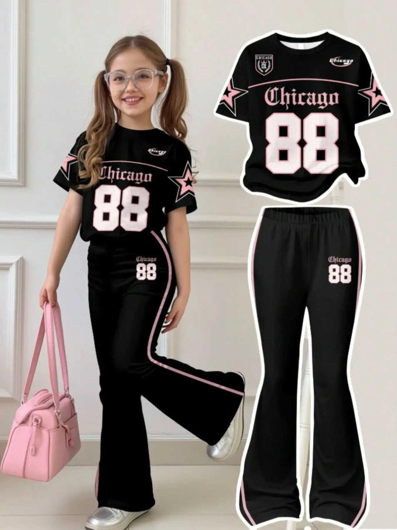 Teen Girl Casual Loose Round Neck Short Sleeve T-Shirt and Bell Pants Set, Casual Summer Set, Unique 88 Pattern, Graphic Print Set, fashion style sets, summer clothing set, Clothes Sets, set outfit, Fall Fashion, Back-To-School