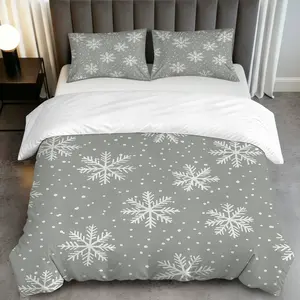 3PCS Duvet Cover Set, 1 Duvet+2 Pillowcases(Without filler), Snowflake Winter Grey theme, Christmas bedding set, Snowy pattern Suitable for decoration bedroom, guest room, hotel, holiday home.