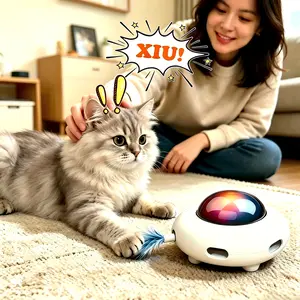 Interactive Cat Toy, Replaceable and Durable Accessory, USB Rechargeable, White, Entertainment with 6pcs Feathers - UFO