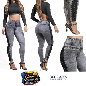 GREY JEANS  SKINNY COLOMBIAN BUTT LIFTING JEANS WITH RHINESTONES AND EMBROIDERY