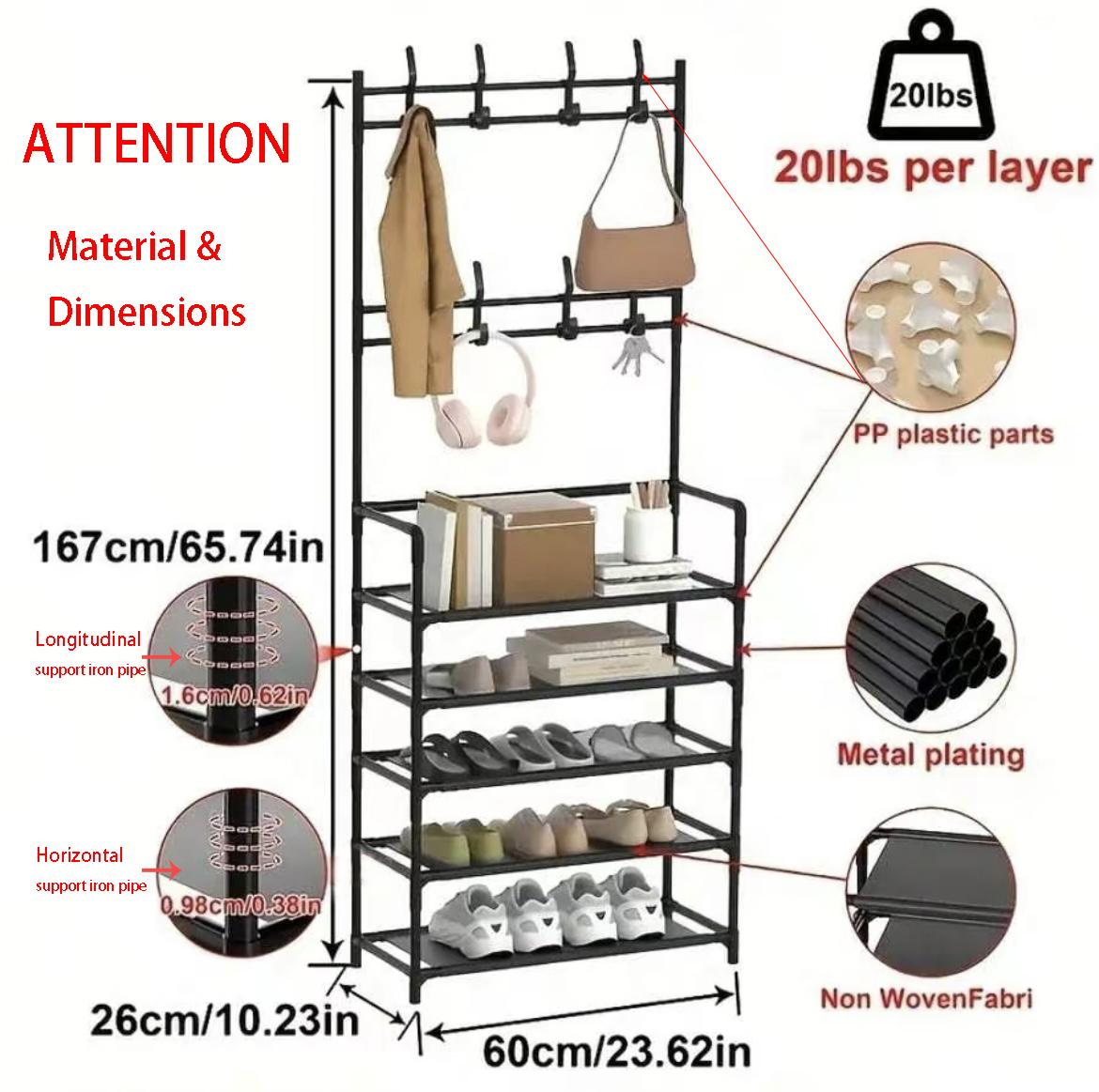 5-Layer Shoe Rack with Coat Hooks, Metal Entryway Organizer, Floor-Standing Hat and Clothes Hanger Stand