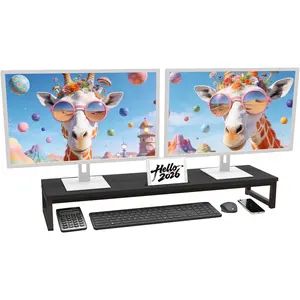 Dual Monitor Stand Riser, 38.7'' Long Wood and Steel Monitor Stand for 2 Monitors, Ergonomic Desktop Organizer with Tablet Stand for Computer,Laptop,TV (Black)