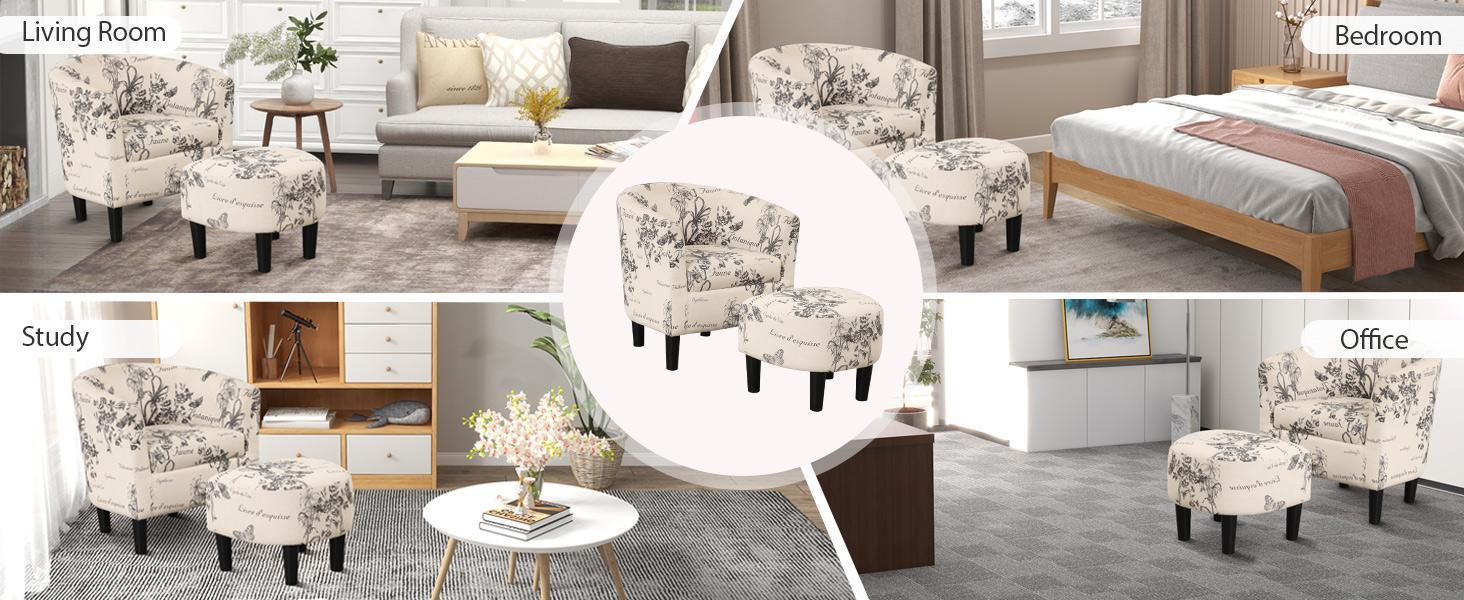 EBELLO Modern Accent Chair with Ottoman Set, Space-Saving Club & Barrel Chair, Soft Comfortable Fabric Reading Armchair for Living Room, Bedroom & Small Spaces