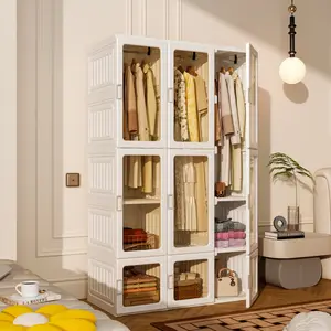 Portable Transparent Wardrobe Closet Storage Organizer for Clothes Folding Plastic Wardrobe with Magnetic Door and Easy Assembly roperos para guardar ropa armario de ropa closet bedroom armoires 3 Hanging Rod Multifunctional Space Saving Organizer