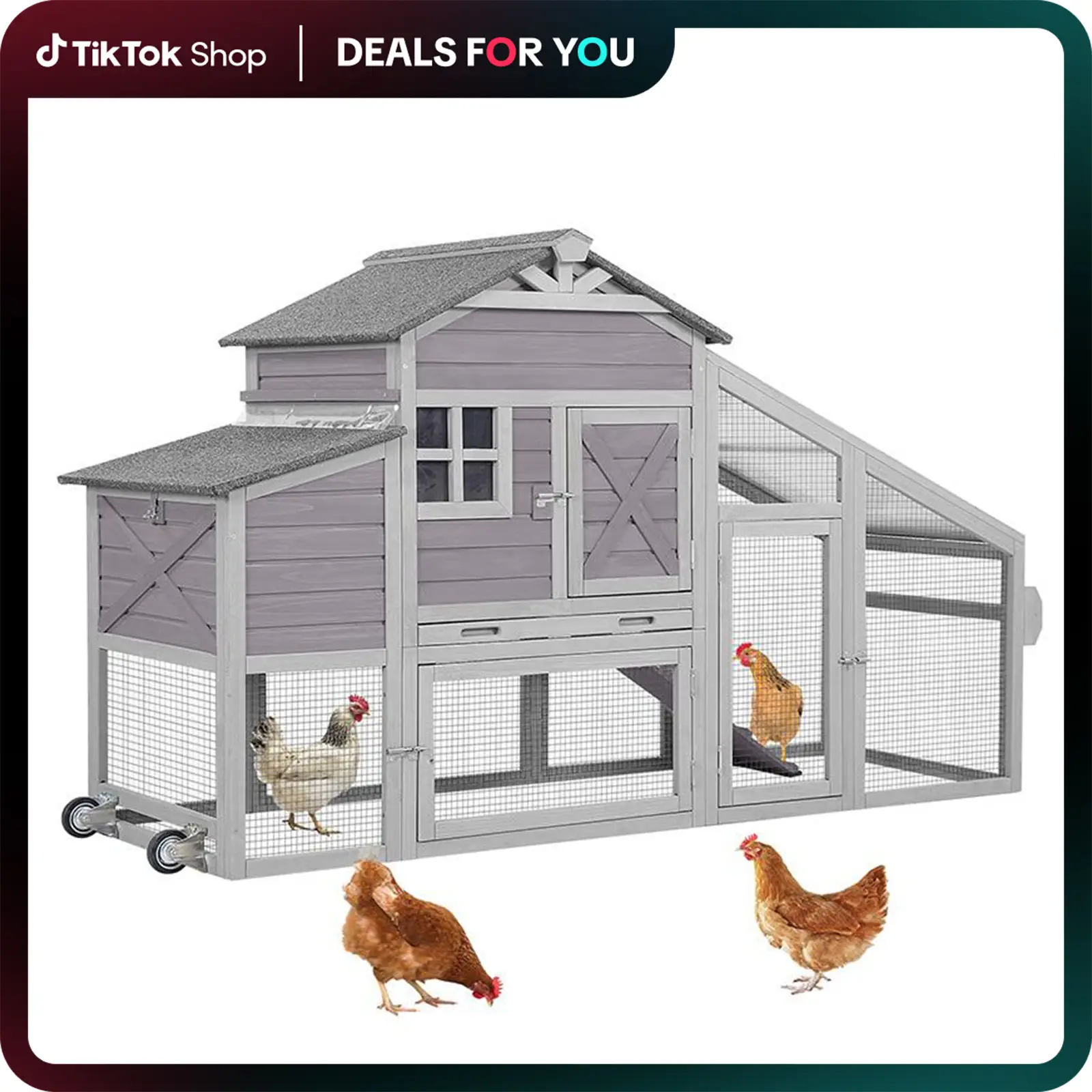 Aivituvin-AIR32-D Wooden Chicken Coop with Wheels 17.1ft² for 2-3 Chickens,Chicken Tractor, Homestead ,Backyard Folck,Nesting Box