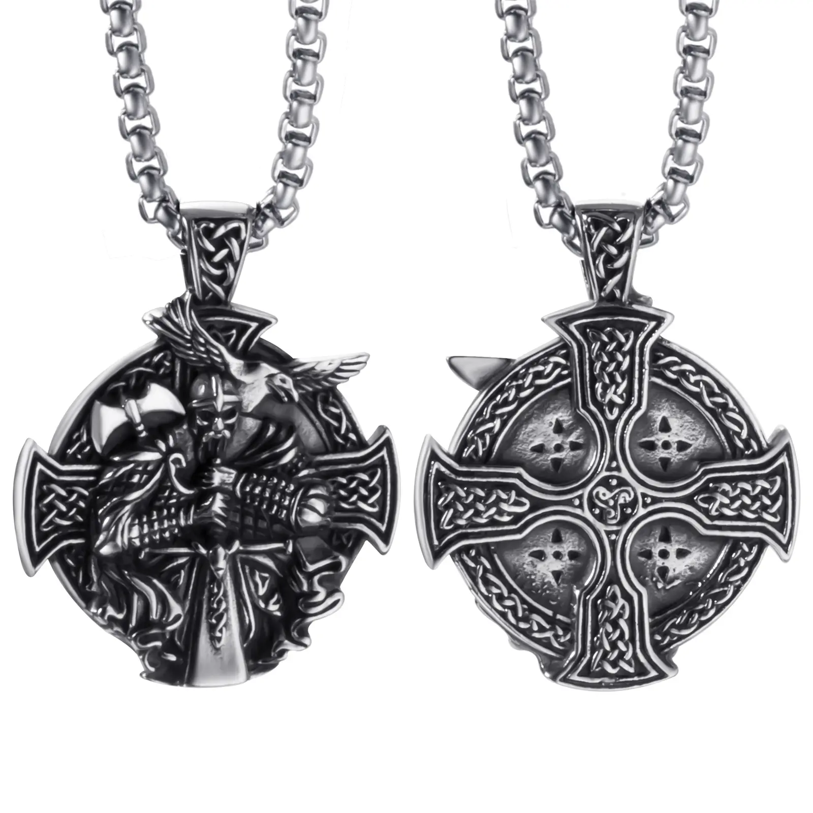 Men's Norse Viking Oidn Cross Chain Necklace with Cross Chain Design, Stainless Steel Norse Mythology Ethnic Celtic Knot Amulet Pendant, Double-Sided Wearable Costume Jewelry for Valentine's Day, Engagement