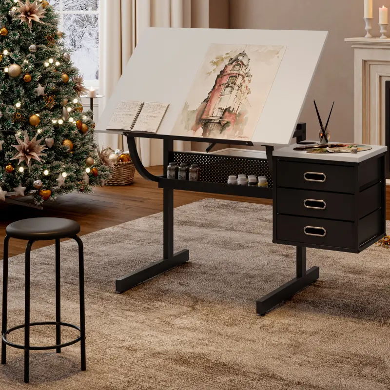 White tabletop Adjustable drafting drawing table for Crafting, Reading, Writing with stool and 3 Storage drawers