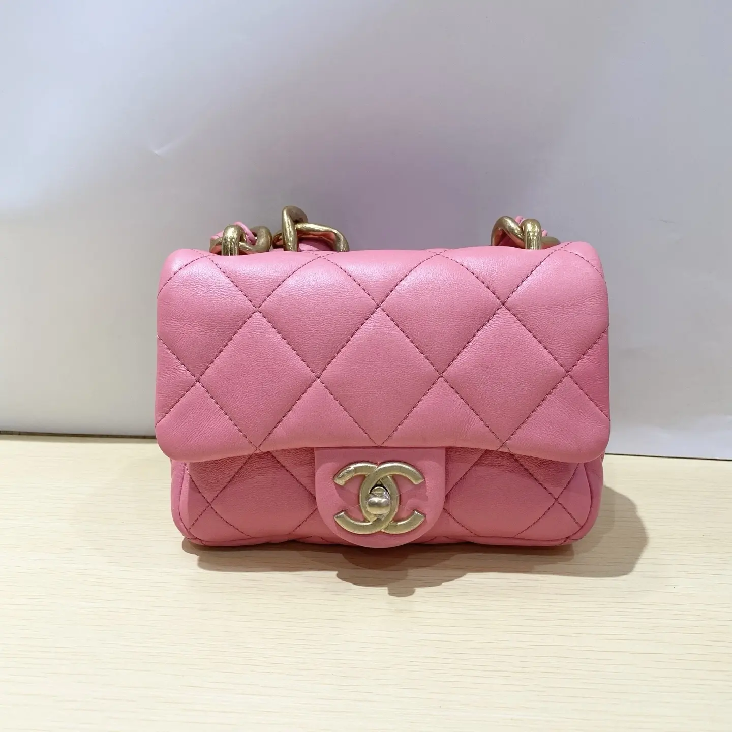 Pre-owned CHANEL 22S Mini Square Classic Flap Hobo Underarm Bag, Lipstick Pink with Chunky Gold Hardware