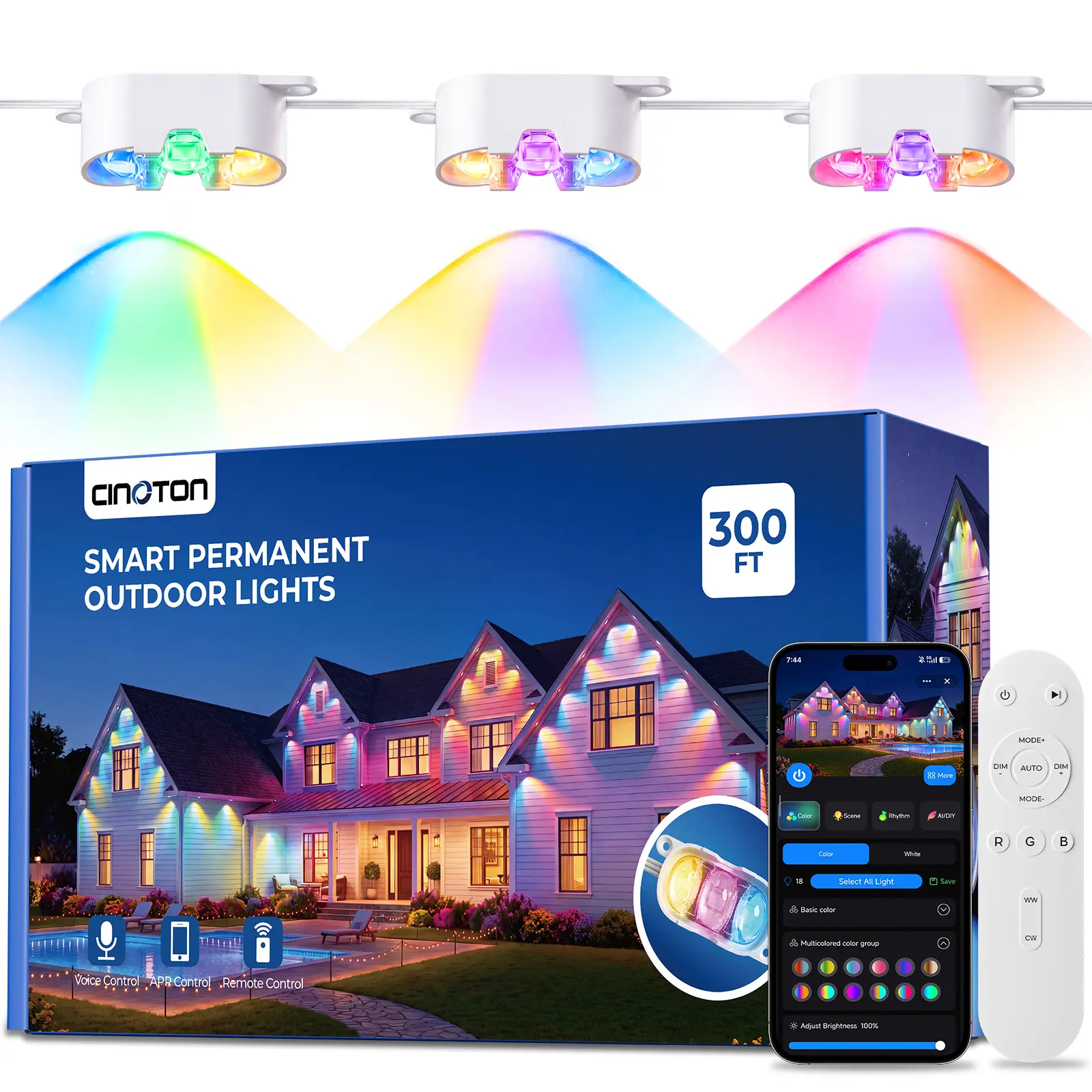 CINOTON Outdoor Permanent RGBCW Triple-Lens LED Lights - IP67 Waterproof, App & Remote Control Supported, 16M Colors, 100ft/150ft/200ft/300ft Lengths, Ideal for Christmas Halloween Outdoor Decorations