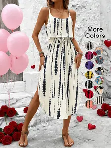 Women's Spring Summer Fall Tie Dye Thin Strap Split Thigh Waist Cinched Dress, Multicolor Floral Print, Casual Vacation