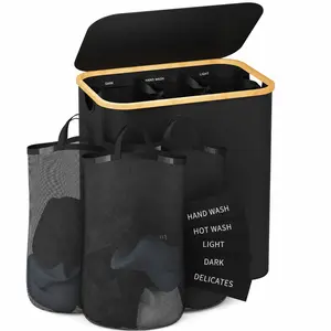 Laundry Hamper with Lid, 160L Dirty Clothes Hamper for Laundry Basket 3 Section, Extra Large Laundry Sorter Hamper 3 Compartment with Removable Inner Bags & Labels, Beige, Black, Dark Grey